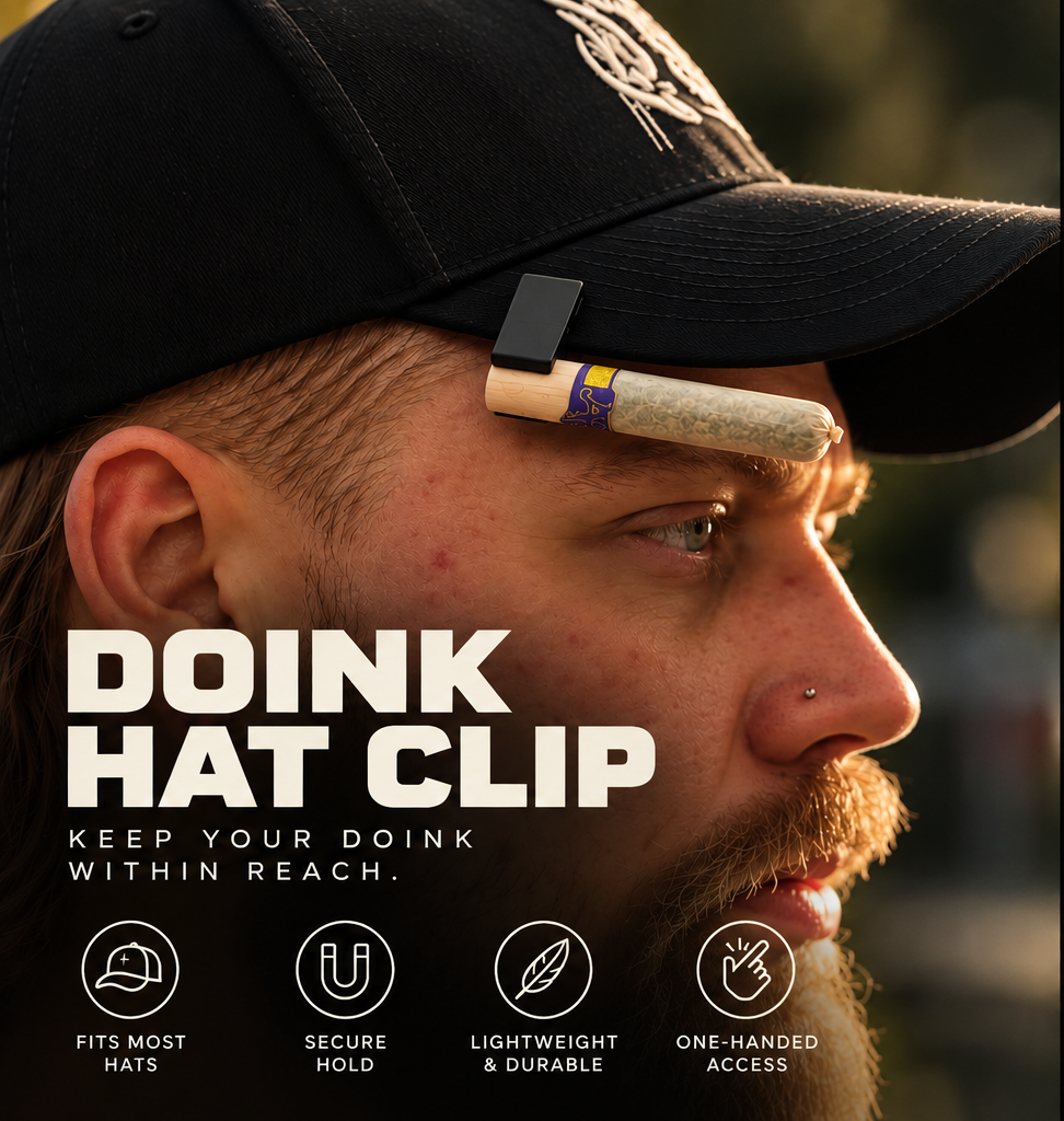 Doink Hat Clip product graphic showing the clip holding a rolled filter